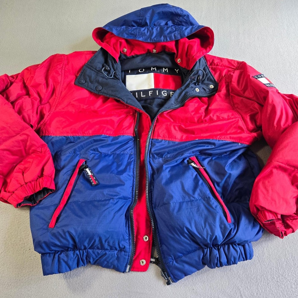Reversable Tommy Hilfiger Puffer Small Red Blue Colorblock Down Fill Hooded 90s